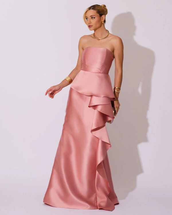 Vestido de Festa Longo Tomara que Caia Babado Cascata Rose