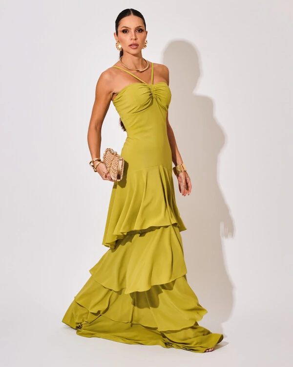 Vestido Longo Crepe com Babado em Camadas Verde Pistache