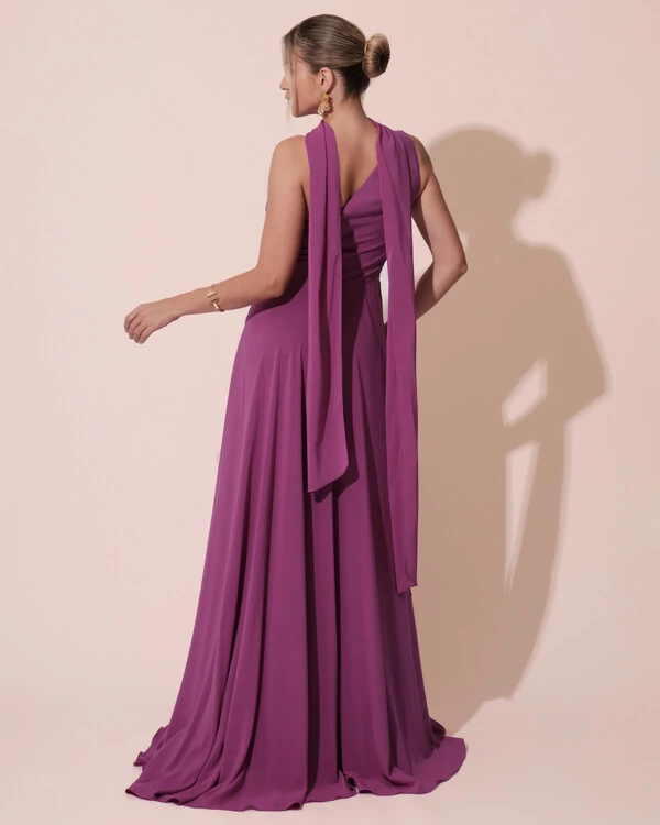 Vestido de Festa Longo Crepe Chiffon Um Ombro Só Drapeado com Lenço Fúcsia