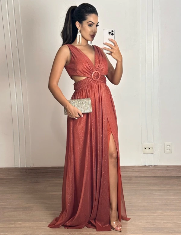 Vestido Longo com Recorte nas Laterais da Cintura Terracota