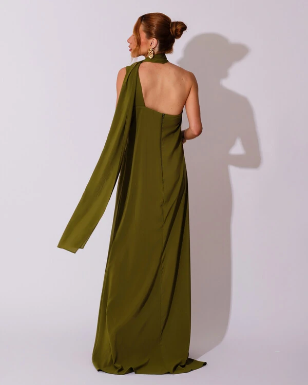 Vestido de Festa Longo Crepe Chiffon Um Ombro Só Drapeado Verde Oliva