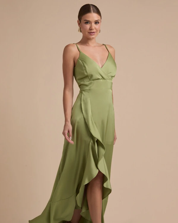 Vestido Midi Babado Acetinado Verde Pistache