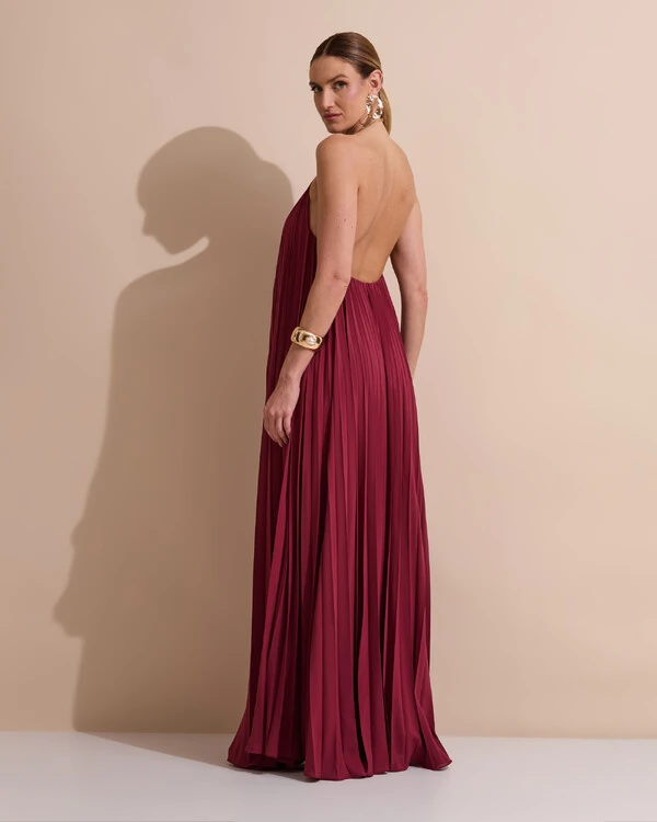 Vestido de Festa Longo Frente Única Plissado Crepe Chiffon Argola Marsala New
