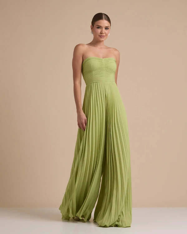 Macacão de Festa Longo Crepe Chiffon Tomara que Caia Plissado com Lenço Verde Garden