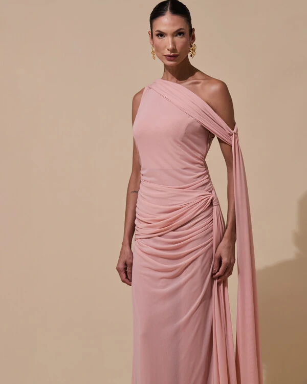 Vestido de Festa Longo Um Ombro Só Tule Faixa Drapeada Lenço Rose