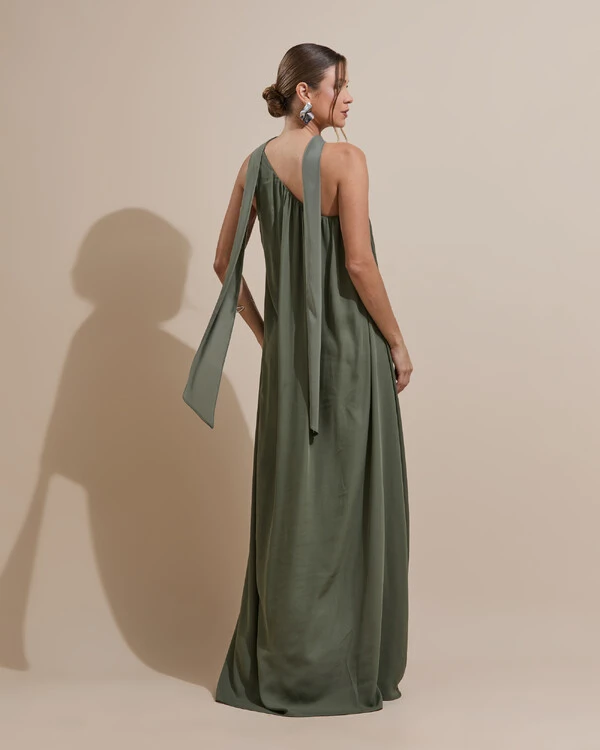 Vestido de Festa Longo Crepe Fluido um Ombro Só com Lenço Verde Oliva