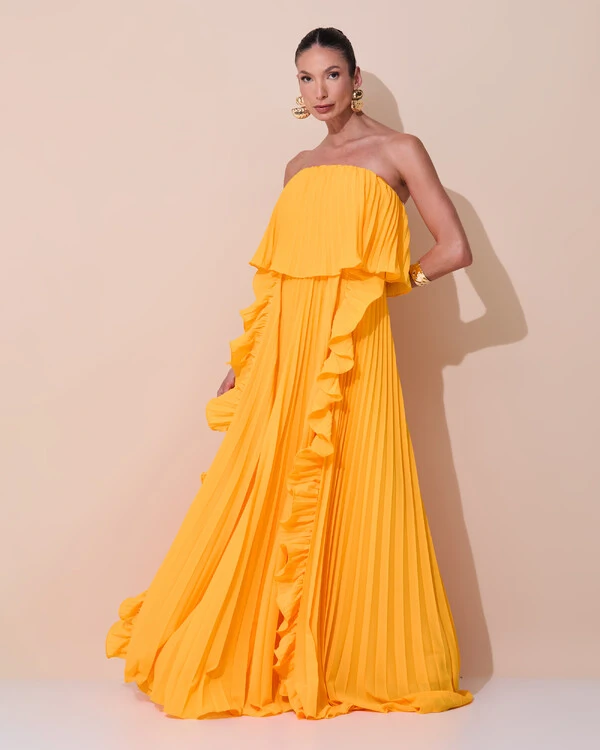 Vestido de Festa Longo Crepe Chiffon Tomara que Caia Plissado com Babado Cascata Laranja Manga New
