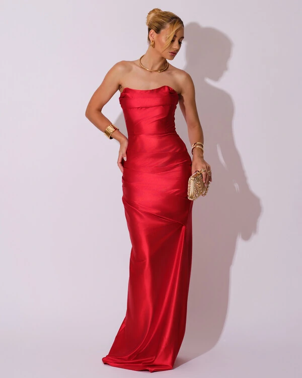 Vestido de Festa longo Cetim Malha Metálico Tomara que Caia Detalhe Drapeado Vermelho