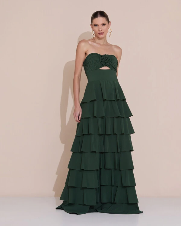 Vestido de Festa Longo Crepe Chiffon Tomara que Caia Plissado Flor Camadas Verde Escuro New