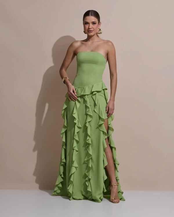 Vestido de festa Longo Tomara que Caia Crepe Chiffon com Bababos Cascata e Fenda Verde Garden