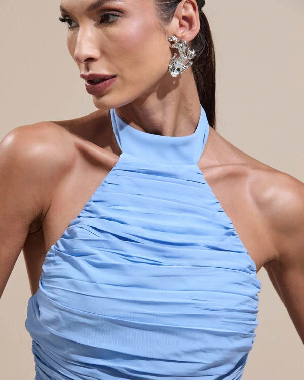 Vestido de Festa Longo Frente Única Crepe Chiffon Drapeado Babados Cascata Serenity