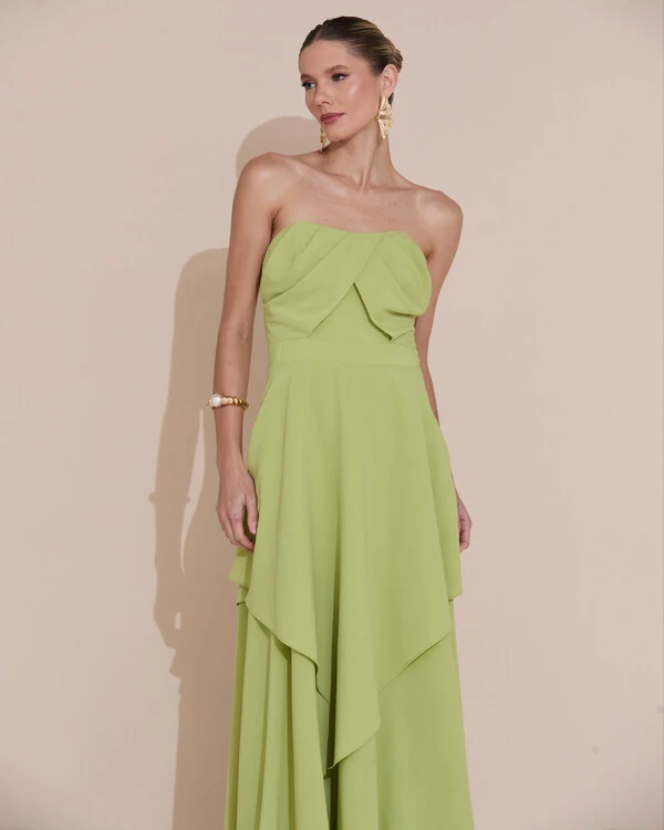 Vestido de Festa Longo Tomara que Caia Crepe Chiffon Drapeado Camadas Verde Claro