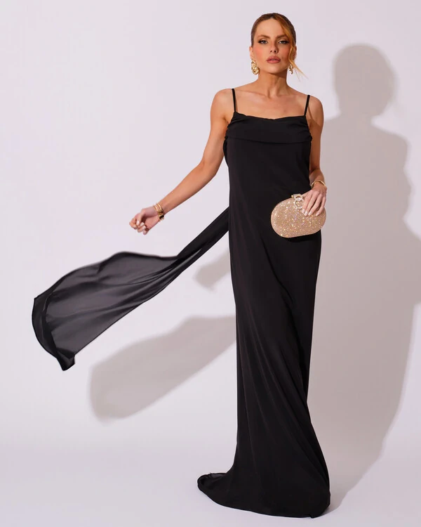 Vestido de Festa Longo Crepe Chiffon Costas Lenço Cauda Preto