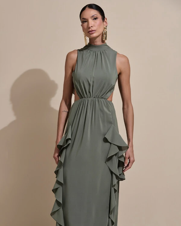 Vestido de Festa Longo Gola Alta Crepe Chiffon Recortes Babados Cascata Verde Oliva