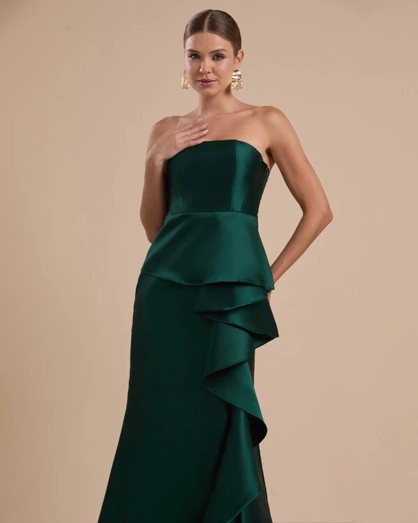 Vestido de Festa Longo Tomara que Caia Babado Cascata Verde Escuro