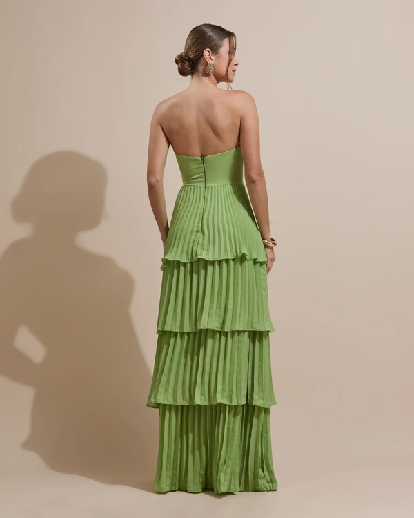 Vestido de Festa Longo Tomara que Caia Crepe Chiffon Plissado Camadas Verde Garden