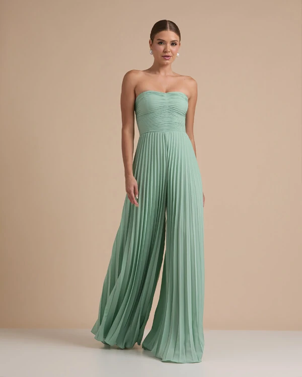 Macacão de Festa Longo Crepe Chiffon Tomara que Caia Plissado com Lenço Verde Menta