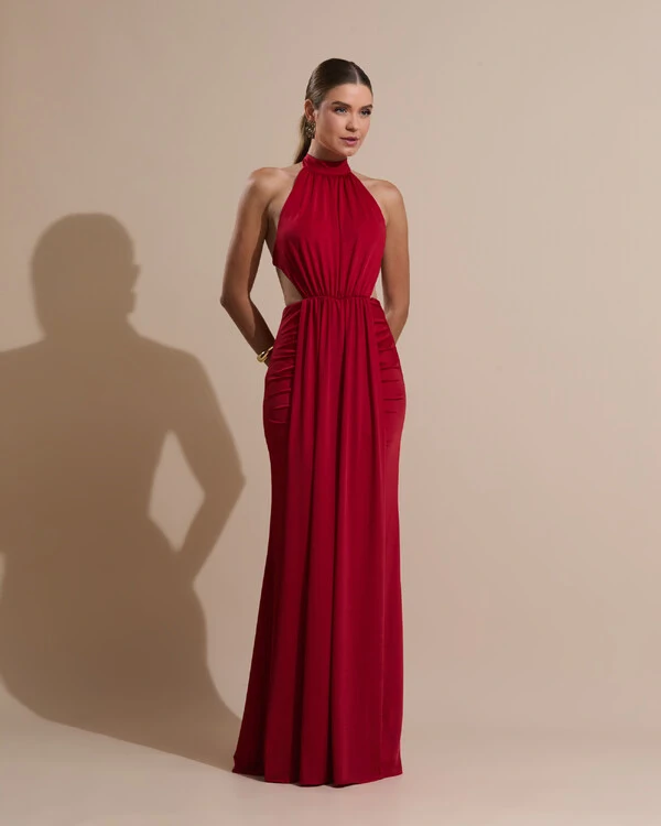 Vestido de Festa Longo Malha Jersey Gola Alta Saia Sereia Vermelho Escuro