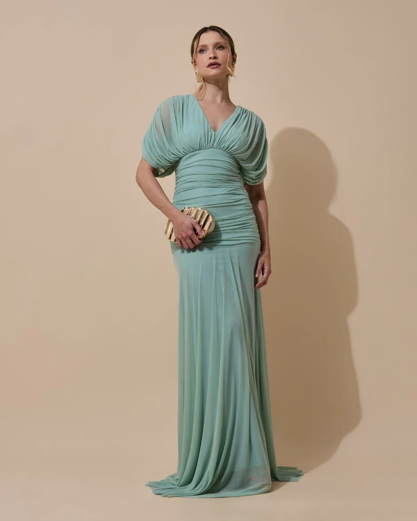 Vestido de Festa Longo Tule Manga Curta Drapeado Verde Menta