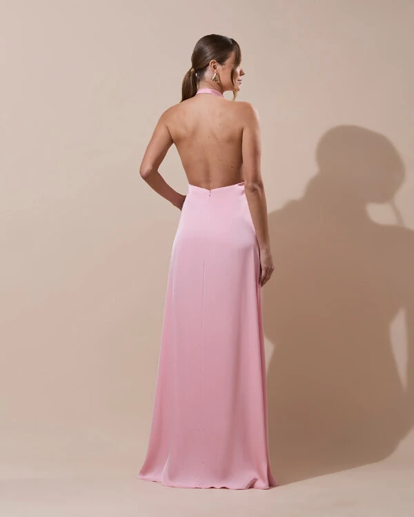 Vestido de Festa Longo Frente Única Degagê Cetim Fluido Rose Gold