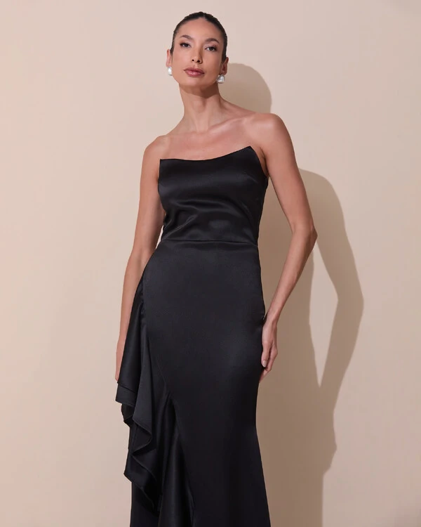 Vestido de Festa Longo Tomara que Caia Cetim Babado Fenda Preto