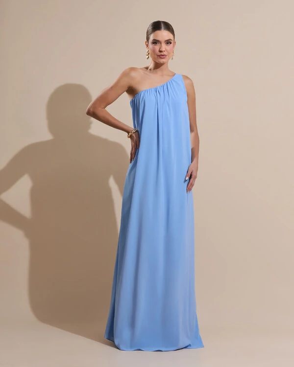 Vestido de Festa Longo Crepe Fluido um Ombro Só com Lenço Serenity