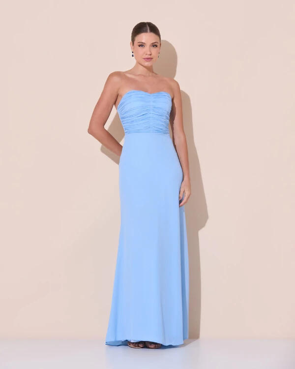 Vestido de Festa Longo Ombro a Ombro Plissado Crepe Chiffon Capa Flor 3D Serenity