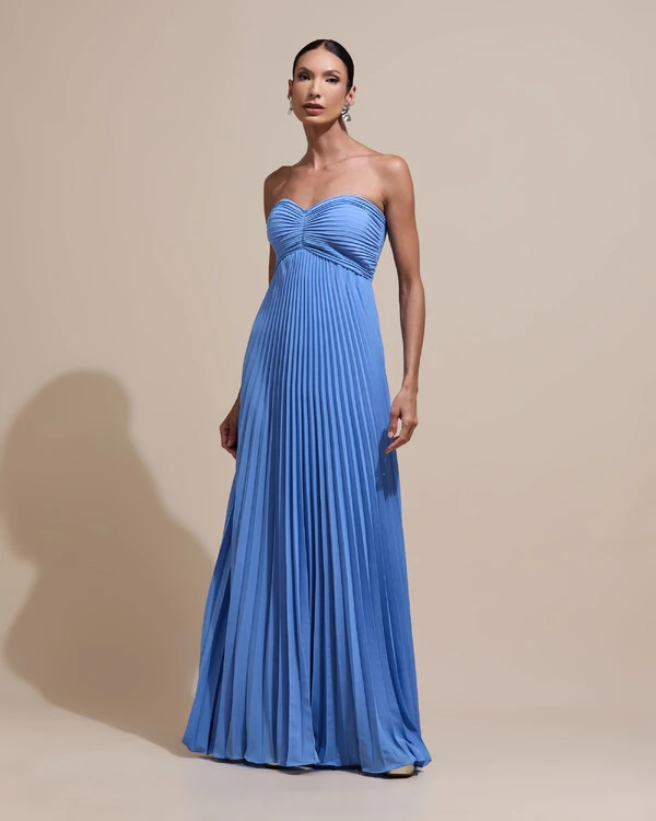 Vestido de Festa Longo Tomara que Caia Plissado com Lenço Azul Atlantis