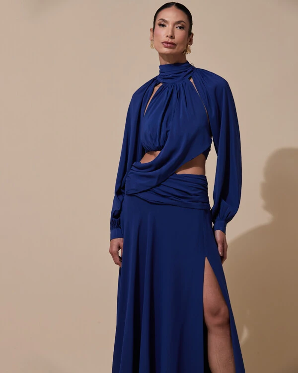 Vestido de Festa Longo Gola Alta Crepe Chiffon Recortes Drapeado Manga Longa Fenda Azul Marinho