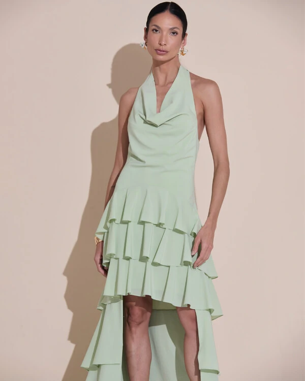 Vestido De Festa Longo Frente Única Degagê Crepe Chiffon Babados Mullet Verde Menta New