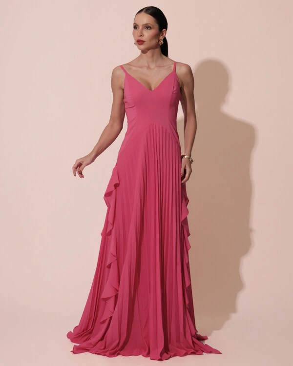 Vestido de Festa Longo Crepe Chiffon Alça Fina Saia Plissada com Babado Cascata Pink