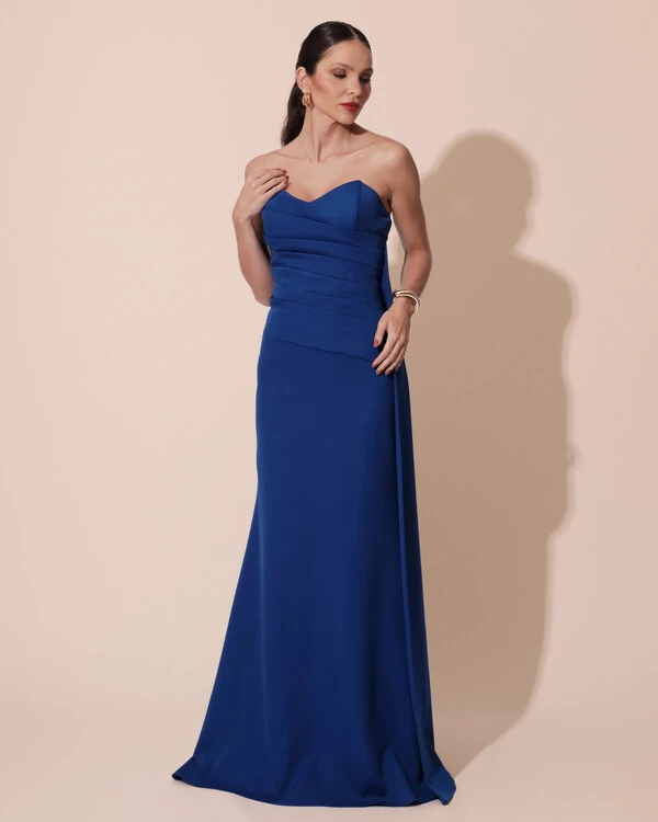 Vestido de Festa Longo Alfaiataria Tomara que Caia Drapeado Faixa Azul Royal