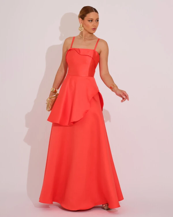Vestido de Festa Zibeline Tomara que Caia com Recortes e Camadas Laranja