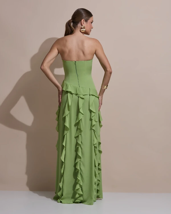 Vestido de festa Longo Tomara que Caia Crepe Chiffon com Bababos Cascata e Fenda Verde Garden