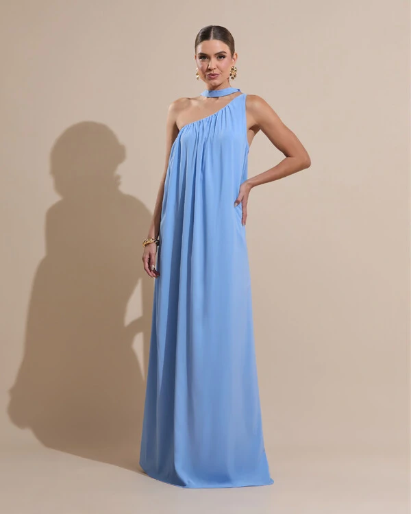Vestido de Festa Longo Crepe Fluido um Ombro Só com Lenço Serenity