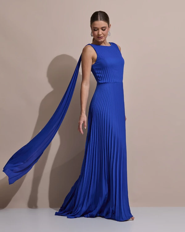 Vestido de Festa Longo Crepe Chiffon Plissado com Lenço nas Alças Azul Royal