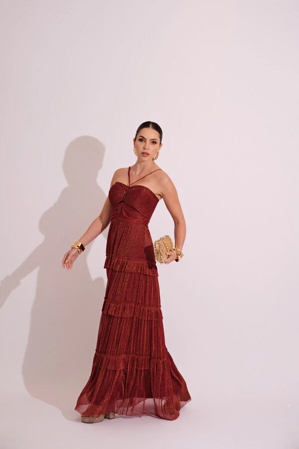 Vestido de Festa Longo Tule com Saia Babado Marsala