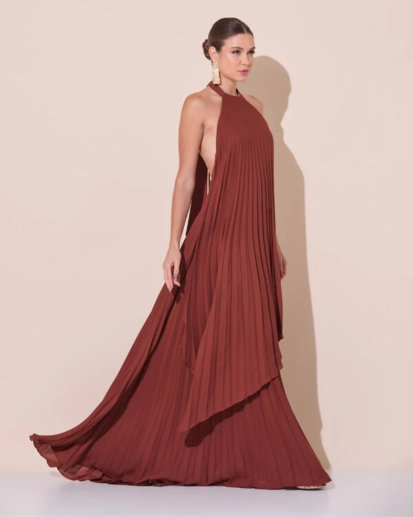 Vestidos de Festa Longo Chiffon Fluido Frente Única Plissado Duplo Marrom New