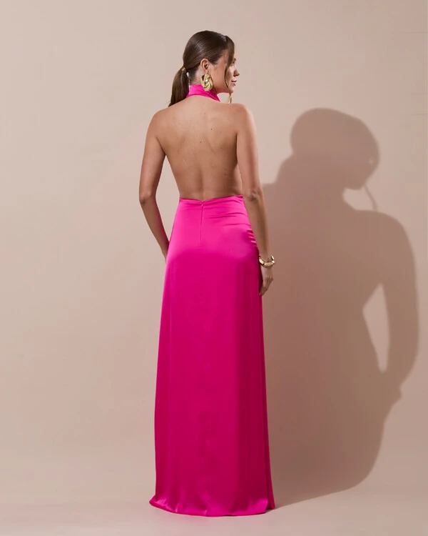 Vestido de Festa Longo Cetim Frente Única Degagê com Faixa Drapeada Pink