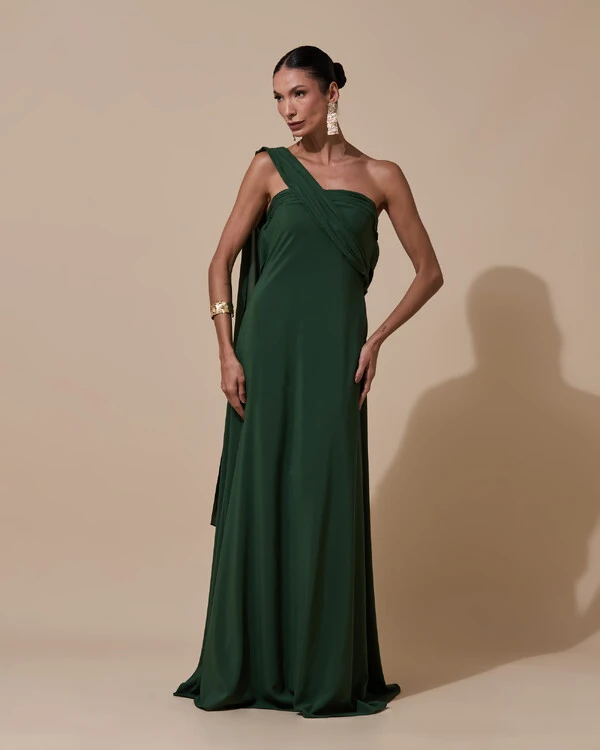 Vestido de festa Longo Tomara que Caia Crepe Chiffon Drapeado Lenço Verde Militar
