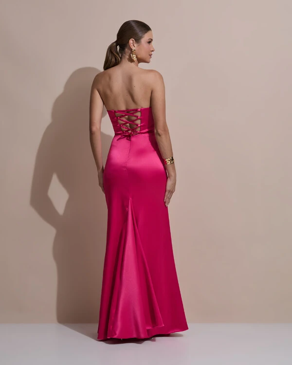 Vestido De Festa Longo Tomara Que Caia Drapeado Cetim Alfaiataria Trançado Costas Pink