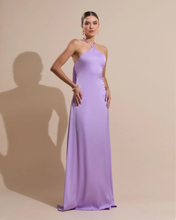 Vestido Longo de Cetim com Decote Triangular e Amarração nas Costas Degagê Lilás