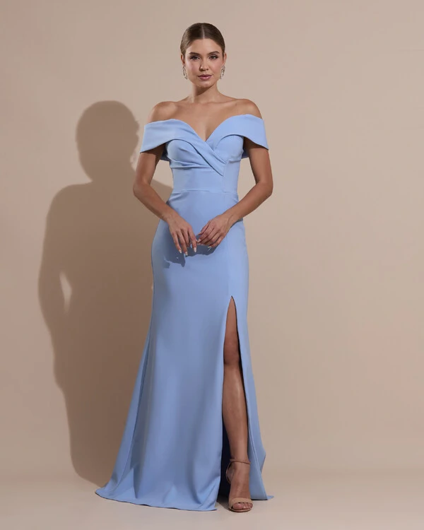 Vestido de Festa Longo Alfaiataria Ombro a Ombro com Fenda Serenity