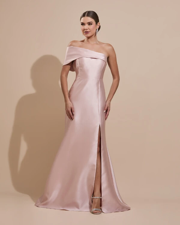 Vestido de Festa Zibeline com Faixa Ombro a Ombro Rosa Nude