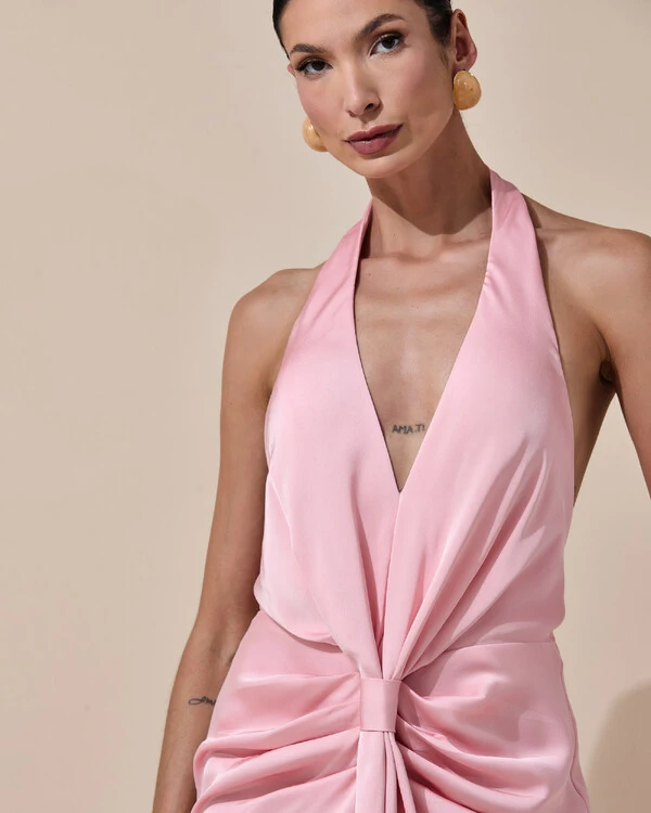 Vestido de Festa Longo Frente Única Decote V Cetim Drapeado Faixa Rose Gold