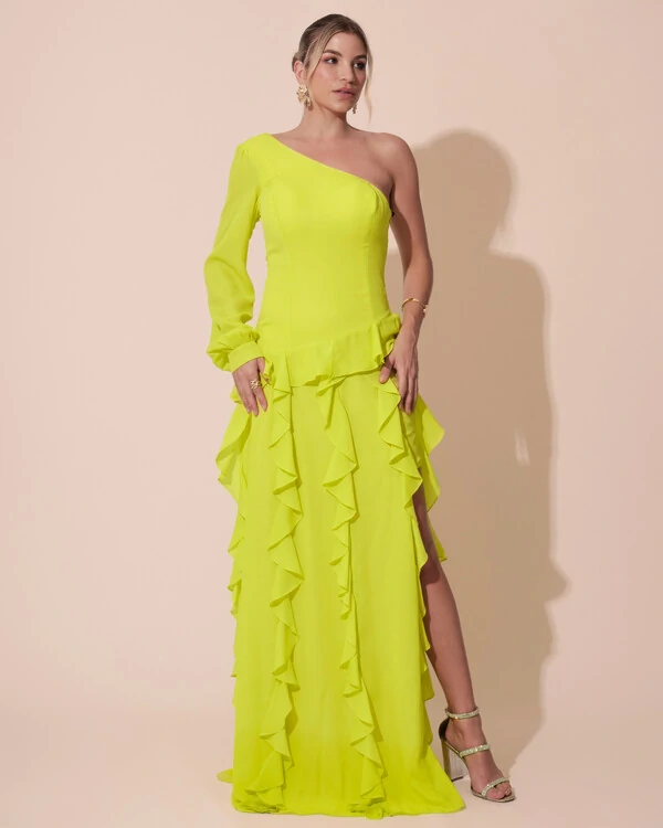 Vestido de Festa Longo Crepe Um Ombro Só Manga Longa e Babados Cascata Fenda Verde Lima