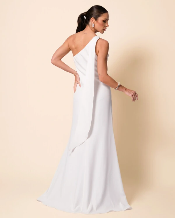 Vestido de Festa Longo Alafataria Um Ombro Só Detalhe Drapeado Branco