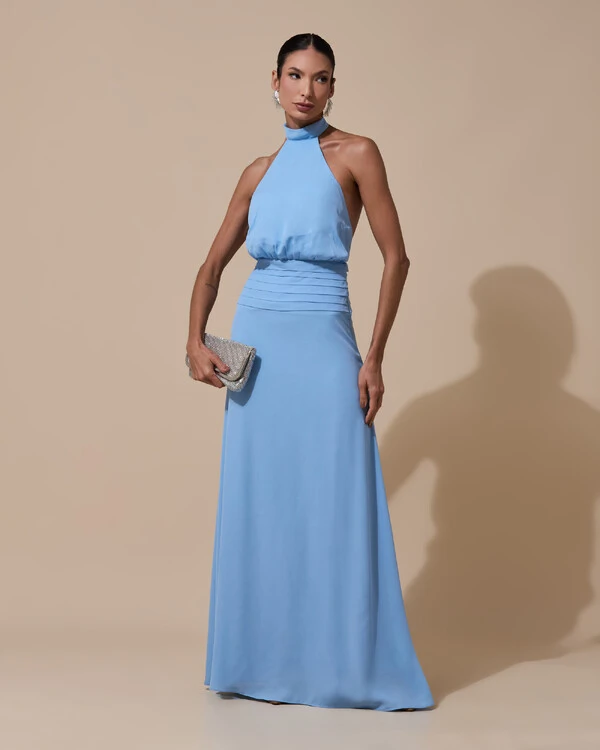 Vestido de Festa Longo Frente Única Busto Blousê Crepe Chiffon Drapeado Azul Atlantis