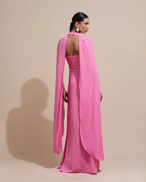 Vestido de Festa Longo Tomara Que Caia Crepe Chiffon Drapeado Capa Rosa