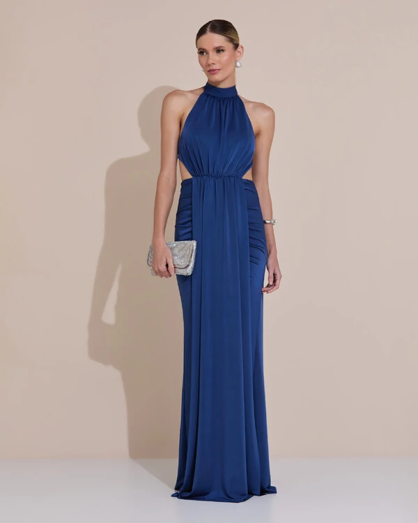 Vestido de Festa Longo Malha Jersey Gola Alta Saia Sereia Azul Marinho